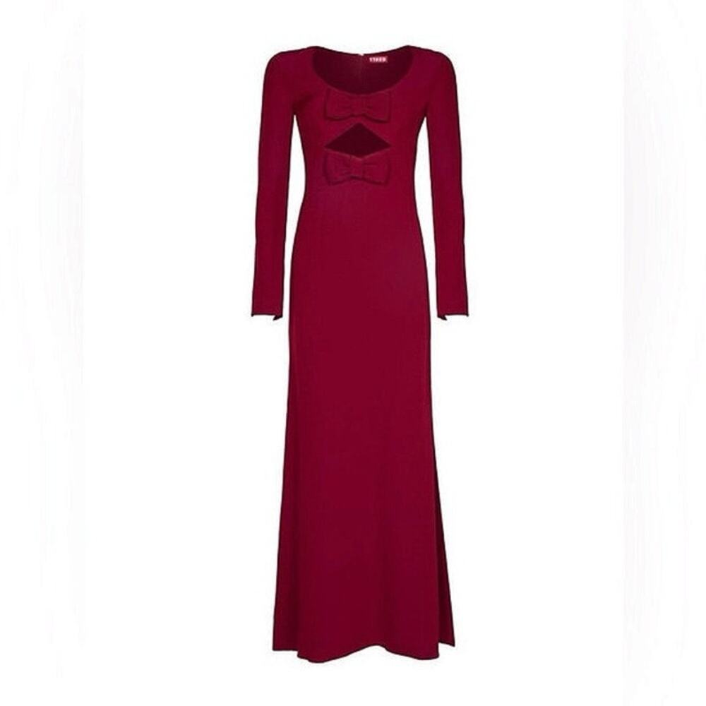 Staud Lido Womens Red Double Bow Cut Out Long Sleeve Maxi A-Line Gown Dress Sz 8 - Picture 11 of 11